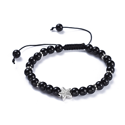 Schwarz Achat Verstellbare geflochtene Perlenarmbänder aus natürlichem schwarzem Achat (gefärbt)., mit Nylonschnur und Legierungszubehör, Seesterne / Seesterne, 2-1/8 Zoll ~ 3-1/8 Zoll (5.5~8 cm)
