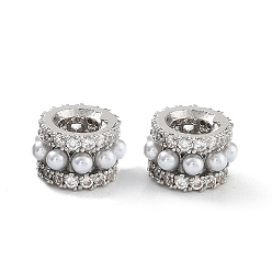 Платина Реечное покрытие латунь микро паве кубический цирконий европейские бусины, с пластиковой имитационной жемчужиной, без кадмия и без свинца, долговечный, бусины с большим отверстием, колонка, платина, 9x5.5 мм, отверстие : 4 мм