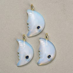 Opalite Opalite Pendants, Moon Charms, with Brass Pave Cubic Zirconia Findings, Golden, 40~42x22~24x7~8mm, Hole: 4.5mm