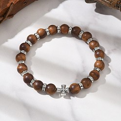 Седло Коричневый Комплекты круглых браслетов из натурального сандалового дерева с эластичными бусинами для мужчин и женщин, крестик, с бусинами сплава, седло коричневый, внутренний диаметр: 2-1/8 дюйм (5.3 см)