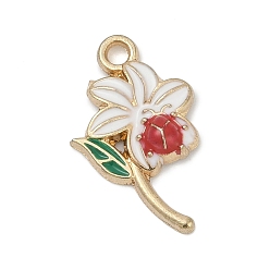 Белый Подвески из эмали и сплава, цветок с подвеской в виде божьей коровки, золотые, белые, 22x12x2.5 мм, отверстие : 1.8 мм