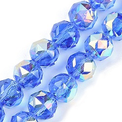 Королевский синий Прозрачные стеклянные бусины гальваническим пряди, граненые, круглые, королевский синий, 7.5x7 мм, отверстие : 1.2 мм, около 70 шт / нитка, 19.17~20.08'' (48.7~51 см)