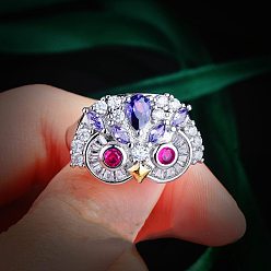 Платина Латунные микро проложить манжеты кольца кубического циркония, сова головой, платина, внутренний диаметр: регулируемый