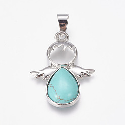 Synthetic Turquoise Dyed Synthetic Turquoise Pendants, Angel, with Brass Finding, Platinum, 34x25.5x4.5~6.5mm, Hole: 4~5x7mm