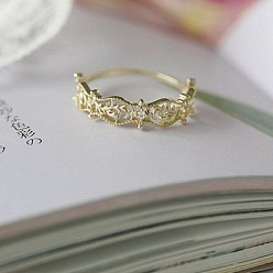 Золотой Кольца для пальцев из латуни с ажурными листочками и микропаве из прозрачных кубических цирконий, золотые, внутренний диаметр: регулируемый