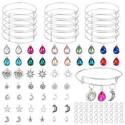 Mixed Color DIY Bangle Making Kits, include Adjustable Iron Expandable Bangle Making, Tibetan Style Alloy Pendants, Glass Pendants and Iron Jump Rings, Mixed Color, 3mm, 2-1/2 inch(65mm), 15pcs/box
