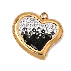 Jet Pendentifs en acier inoxydable et pâte polymère sertis de strass, couleur dégradée, charmes de coeur, placage ionique (ip), plaqué longue durée, réel 304 k plaqué or, jet, 18mm, Trou: 15.5x15.5x2mm