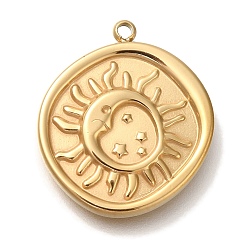 Настоящее золото 18K Ионное покрытие (ip) 304 подвески из нержавеющей стали, плоский круглый с очарованием солнца и звезд, реальный 18 k позолоченный, 20.5x18x2.3 мм, отверстие : 1.2 мм