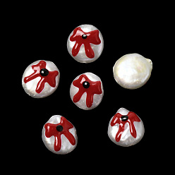 FireBrick Baroque Natural Keshi Pearl Beads, Hand Drawn Beads, with Enamel, Freshwater Pearl, Oval, FireBrick, 11~14x10.5~12x5~6.5mm, Hole: 0.6mm