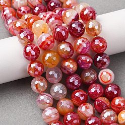 Оранжево-Красный Натуральные полосатые агатовые бусы, круглые, граненые, гальваническое покрытие, оранжево-красный, 10 мм, отверстие : 1 мм, около 38 шт / нитка, 14.96'' (38 см)