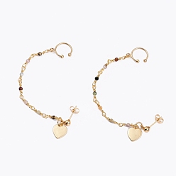 Tourmaline 304 Stainless Steel Stud Earrings, with Clip-on Earrings and Natural Tourmaline Beaded Chains, Heart, Real 18K Gold Plated, 15mm, Pin: 0.7mm