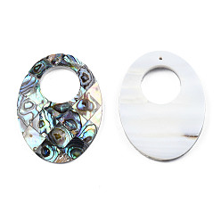 Colorful Single-Sided Natural Abalone Shell/Paua Shell Pendants, with Freshwater Shell Back, Oval, Colorful, 40x30x4mm, Hole: 1.4mm