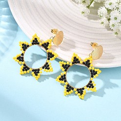 Black Brass Dangle Stud Earrings for Women, with Glass Seed Beads, Sun, Golden, Black, 49x36mm