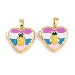 Real 18K Gold Plated Brass with Enamel Locket Pendants, Heart with Pineapple Charms, Cadmium Free & Lead Free, Long-Lasting Plated, Rack Plating, Colorful, Real 18K Gold Plated, 17.5x18x4mm, Hole: 5x3mm