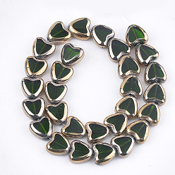 Dark Green Electroplate Glass Beads Strands, Edge Plated, Heart, Dark Green, 10x10x4mm, Hole: 1mm, about 30pcs/strand, 11.4 inch