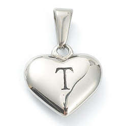 Letter T 304 Stainless Steel Pendants, Heart with Black Letter, Stainless Steel Color, Letter.T, 16x16x4.5mm, Hole: 7x3mm