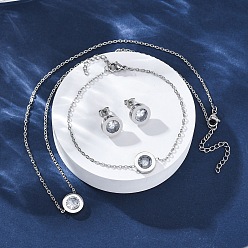 Нержавеющая Сталь Цвет Плоские круглые 304 ожерелья и браслеты из нержавеющей стали с кубическим цирконием и серьги-гвоздики для женщин, цвет нержавеющей стали, 17.95 дюйм (456 мм)