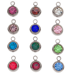 Нержавеющая Сталь Цвет Камень рождения 201 подвески из нержавеющей стали со стразами, плоско-круглые, разноцветные, граненые, цвет нержавеющей стали, 8.5x6x3.5 мм, отверстие : 1.6 мм, 12 шт / пакет
