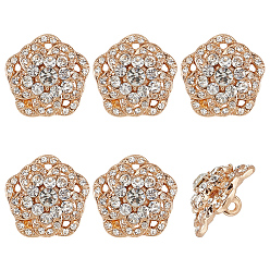 Золотой 6 шт. 1-отверстие кнопки из цинкового сплава, со стразами, цветок, золотые, 21x21x13 мм, отверстие : 2 мм