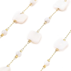 Real 18K Gold Plated Ion Plating(IP) 304 Stainless Steel Paperclip Chains, Soldered, with Shell Beads, Square, Real 18K Gold Plated, 9x9x3mm, about 16.40 Feet(5m)/Roll