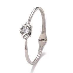 Stainless Steel Color Clear Cubic Zirconia Crown Cuff Bangle, 304 Stainless Steel Hinged Open Bangle for Women, Stainless Steel Color, Inner Diameter: 2-1/4 inch(5.7cm)