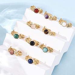 Настоящее золото 18K 304 открытые манжеты из нержавеющей стали, Кольца из натуральных камней для женщин, ионное покрытие (ip), реальный 18 k позолоченный, 8 мм, внутренний диаметр: регулируемый