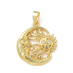 Настоящее золото 18K Латунные микро проложить кубического циркония подвески, луна с солнцем, реальный 18 k позолоченный, 21x18.5x3 мм, отверстие : 4x3 мм