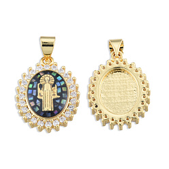 Black Brass Micro Pave Clear Cubic Zirconia Pendants, with Enamel and Shell, Golden, Nickel Free, Oval with Saint, Black, 19.5x14.5x4mm, Hole: 3x4mm