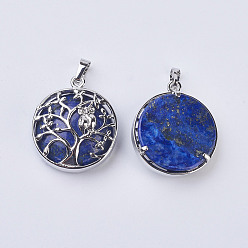 Lapis Lazuli Natural Lapis Lazuli Pendants, with Brass Findings, Flat Round with Tree of Life, Platinum, 31~32x27x8~9mm, Hole: 5x7mm