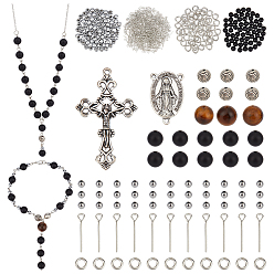 Couleur Mélangete Kits de fabrication de chapelets à faire soi-même, comprend des perles en œil de tigre naturel, en agate noire, en hématite synthétique et en alliage, épingle à oeil de fer et anneaux de saut, Pendentif en alliage, couleur mixte, 8mm, Trou: 1.5mm