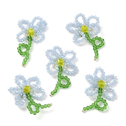 Светло-Голубой Плетенные кабошоны из стеклянных бусин ручной работы, для поделок ювелирных изделий, с латунной найти, цветок, Небесно-голубой, 40~43x25~30x7~7.5 мм