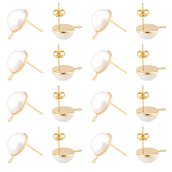 Golden Brass Stud Earrings Findings, with ABS Plastic Imitation Pearl, 925 Sterling Silver Pins and Loop, with 20Pcs Ear Nut, Half Round, Golden, 14x11mm, Hole: 1mm, Pin: 0.8mm