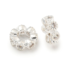 Серебро Бусины-проставки из латуни с кубическим цирконием, долговечный, без свинца и без кадмия, плоско-круглые, серебряные, 8x3 мм, отверстие : 3.5 мм