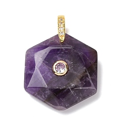 Аметист Граненые подвески из натурального аметиста, шестиугольные подвески с латунными микропаве из прозрачных кубических цирконий в качестве застежек., золотые, 28.5x25.5x8 мм, отверстие : 6.5x4 мм