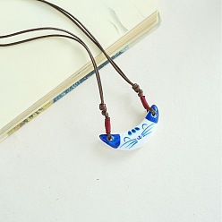 Cat Shape Фарфоровый кулон регулируемый шнур из искусственной кожи ожерелья для женщин, королевский синий, форма кошки, 19.69 дюйм (50 см)