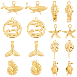 Mixed Shapes 16 pièces 8 styles thème océan 304 pendentifs en acier inoxydable, réel 18 k plaqué or, formes mixtes, 15.5~28x9~30x2~6mm, Trou: 1.5~3mm, 2 pcs / style