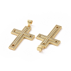 Golden Brass Micro Pave Cubic Zirconia Pendants, Religion Cross Charm, Golden, 35x19.5x2.5mm, Hole: 5x3mm