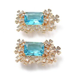 Настоящее золото 18K Застежки для часовых ремешков из латуни, кубического циркония и стекла, без кадмия, без никеля и без свинца, Прямоугольник с цветком, реальный 18 k позолоченный, 25x42.5x9.5 мм, отверстие : 3.5 мм