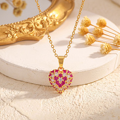Сердце Женские колье с подвесками из латуни, инкрустированными кубическим цирконием глубокого розового цвета., с 304 кабельными цепочками из нержавеющей стали, золотые, сердце, 17.72 дюйм (45 см)