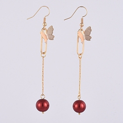 Red Dangle Earrings, with Glass Pearl Round Beads, Iron Bar Links, Brass Pendant and Earring Hooks, Butterfly & Oval, Red, 81mm, Pin: 0.7mm
