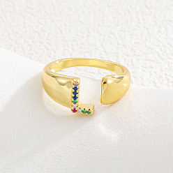 Letter L Браслет-манжета из латуни с микропаве и цветными кубическими циркониями, открытые кольца., буквы, золотые, Письмо L, 15~20 мм