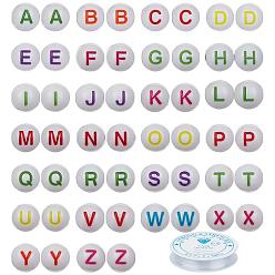 White Craft Acrylic Beads, Round with Mixed Initial Letters, with Clear Elastic Crystal Thread, White, 7~8mm, Hole: 1.5mm, 300pcs/set