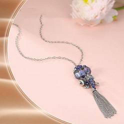 Морской Синий Сердце в богемном стиле 201 ожерелья с подвеской-кисточкой из нержавеющей стали, сплава и стеклянных бусин для женщин, античное серебро, Marine Blue, 23.62 дюйм (60 см)