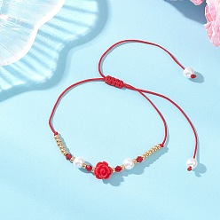 Красный Браслеты из стеклянного бисера и плетеного бисера из смолы, плетеные браслеты из нейлоновой нити для женщин, цветок розы, красные, внутренний диаметр: 3.46 дюйм (8.8 см)