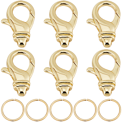 Настоящее золото 18K 6шт латунные застежки-лобстеры, с 20 открытыми соединительными кольцами, реальный 18 k позолоченный, 19x12x4.5 мм, отверстие : 1.6 мм
