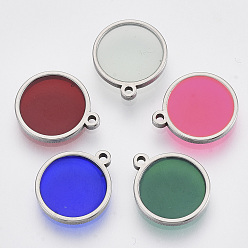 Stainless Steel Color 201 Stainless Steel Pendants, with Epoxy Resin, Flat Round, Mixed Color, Stainless Steel Color, 14x12x1.5mm, Hole: 1.2mm
