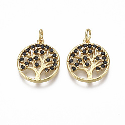Черный Латунные микро проложить кубического циркония подвески, с целью перехода в кольце, плоские круглые с дерева жизни, без никеля , реальный 18 k позолоченный, чёрные, 18x15.5x2.5 мм, отверстие : 3 мм