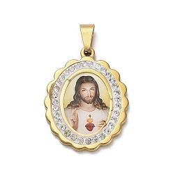 Золотой 304 подвески из нержавеющей стали, овальные амулеты, с полимерной глиной кристалла горного хрусталем, ионное покрытие (ip), золотые, 35.5x27.5x3.5 мм, отверстие : 9x4 мм