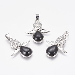 Black Agate Natural Black Agate Pendants, Angel, with Brass Finding, Platinum, 35x29.5x6mm, Hole: 4x7mm