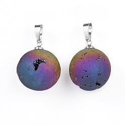 (966) Внутренний цвет Кристалл / Лиловато-лиловый на подкладке Гальваническое покрытие природные друзы, с латунной фурнитурой , круглые, платина, с покрытием разноцветным, 23.5x20~20.5 мм, отверстие : 4.5x7 мм